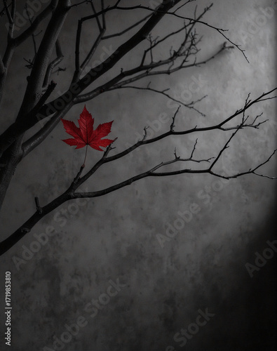 Last Red Leaf on a Bare Branch with a Dark Moody Background
