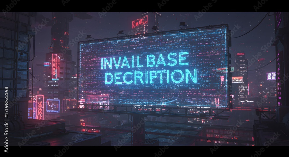 Fototapeta premium Futuristic Cyberpunk Cityscape with Digital Billboard Displaying Code