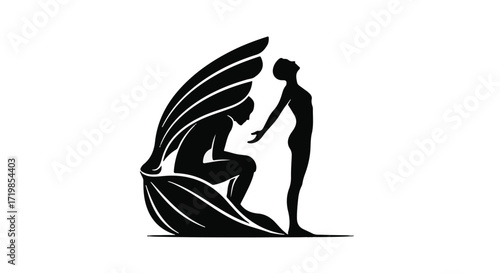Symbolic silhouette of two figures embracing hope and support amidst a stylized shell.