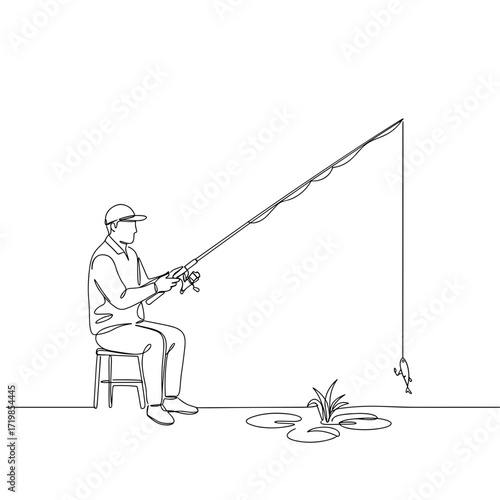 Line art icon of a person fishing, capturing the essence of angling

