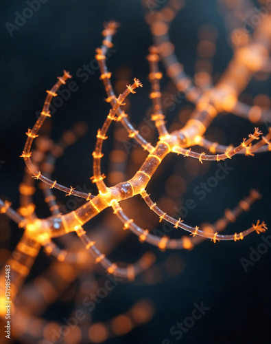 Glowing neural network or bioluminescent sea coral on a dark background