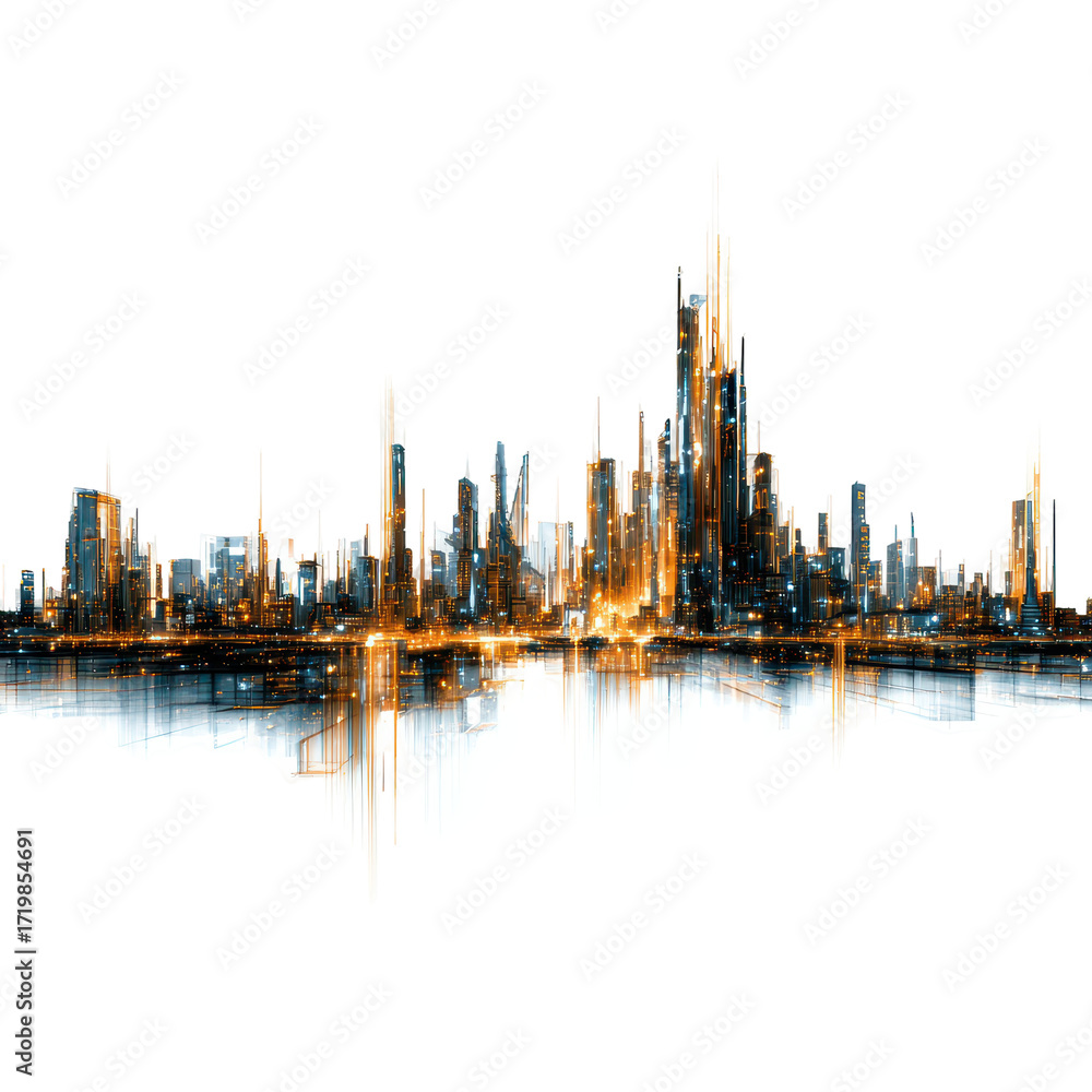 Obraz premium Modern city skyline at sunset with glowing lights and reflections across the water