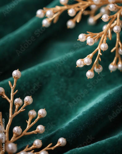 Elegant golden branches with pearls on luxurious emerald green velvet background