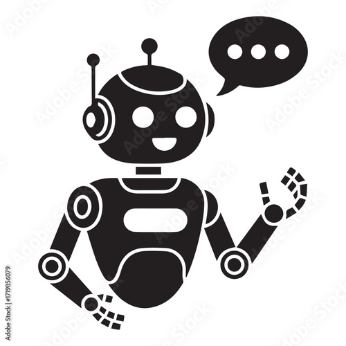Black robot with a speech bubble indicating thought or conversation isolated on white background technology background