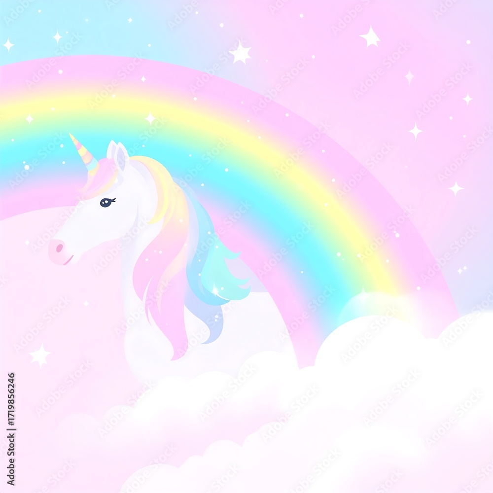 Naklejka premium Pastel unicorn under rainbow in clouds