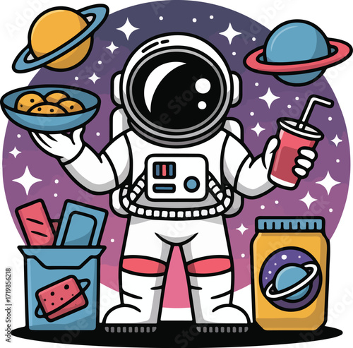 Cartoon alien and ufo illustration in space