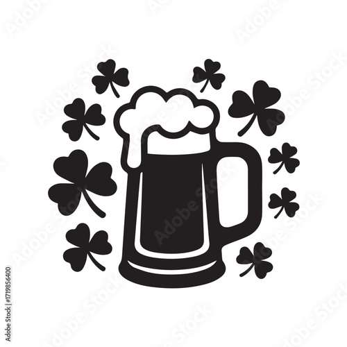 Black silhouette of a beer mug with frothy head surrounded by shamrocks, isolated on white background technology background