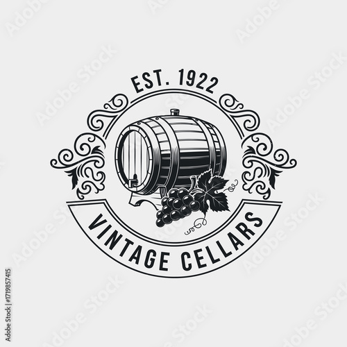 Vintage wine cellars logo, featuring a wooden barrel and grapes, with a vintage style and established date.