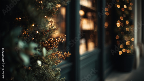 festive holiday storefront with glowing garlands, golden lights, and berries against softly blurred background in warm cozy christmas composition
