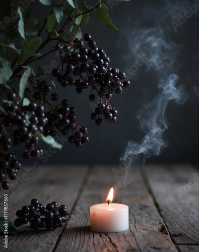 Moody still life with a burning candle, smoke, and black aronia berries on a rustic wood table