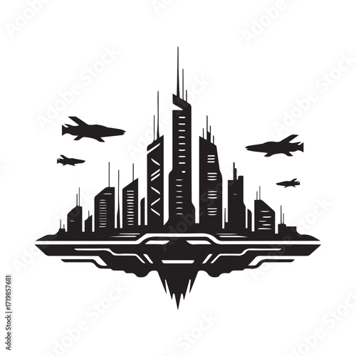 Black silhouette of a futuristic cityscape with skyscrapers and flying aircraft, isolated on white background technology background