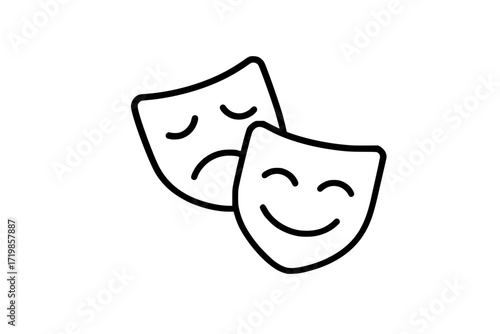 Happy and sad drama mask line art, isolated on white
