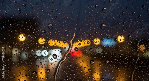 Close-up of raindrops on car windshield at night, blurred neon signs and traffic lights in background, cinematic calmness