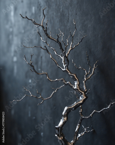 Modern platinum tree sculpture on a dark textured background