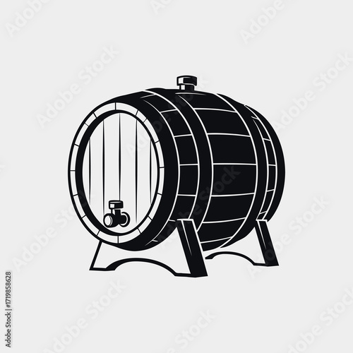 Black and white illustration of a wooden barrel with a tap.