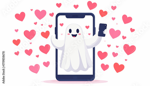 Whimsical digital ghost appearing on a smartphone display, enveloped by numerous pink hearts, suggesting concepts of online romance, dating platforms, and virtual affection