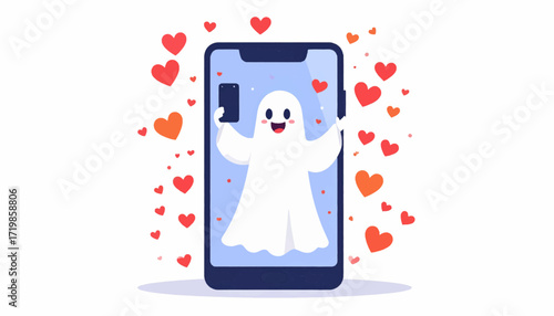 Cute Ghost Taking a Selfie on Smartphone with Hearts