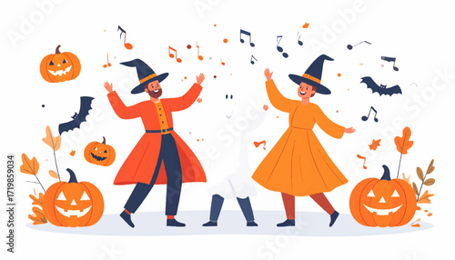 A joyful Halloween celebration scene featuring people in wizard and ghost costumes dancing among pumpkins and bats