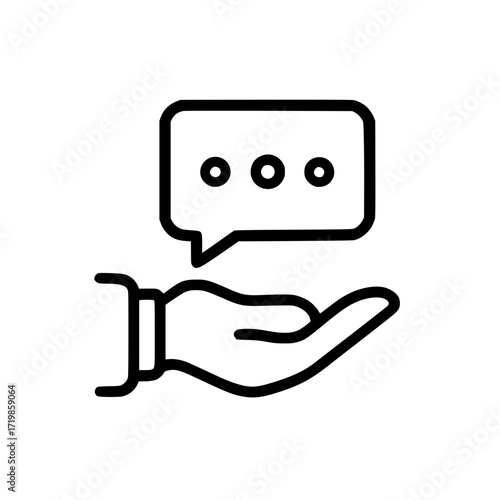 Hand holding speech bubble outline icon isolated
