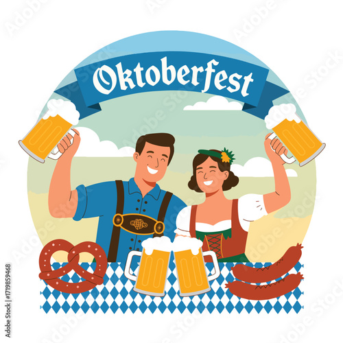 Couple celebrating Oktoberfest with beer and food woman