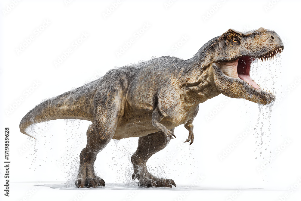 Obraz premium Mighty T-Rex roaring with water droplets splashing around in a dramatic pose, capturing the essence of a prehistoric creature in dynamic motion