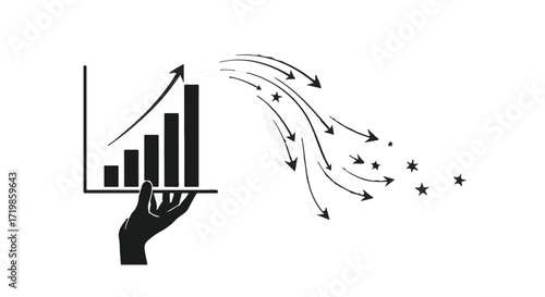 Hand holding bar chart showing upward trend with scattering arrows representing data dispersion