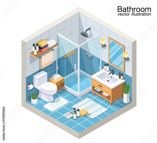 Bathroom interior isometric view with bath shower cabine cubicle toilet sink units towel holders accessories vector illustration.