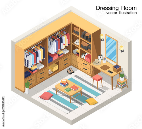 Home interior concept in 3d isometric design. room with dresser and mirror, clothes on hangers, pot plant and carpet. Vector illustration with isometry scene.
