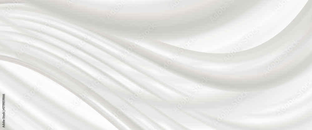 Obraz premium Vector white soft background with smooth satin texture of milk wave backdrop. Abstract white silk curtain with fold waves. Simple presentation template wallpaper for business design.