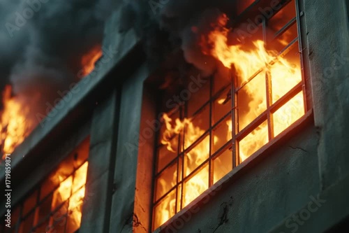 Intense Flames Burst Through Multiple Windows of an Old, Concrete Building, with Thick Dark Smoke Rising into the Sky, Depicting a Dangerous and Destructive Blaze