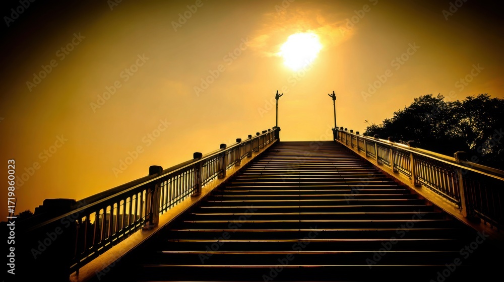 Fototapeta premium steps. Stone steps leading toward a glowing sunset, capturing a dramatic and serene natural moment. inspiring travel planning, travel magazines, designed for outdoor magazines and nature guides.