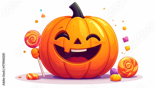 Joyful cartoon jack-o'-lantern with a big smile holding a lollipop. A cute and happy pumpkin character surrounded by candy for a festive Halloween celebration concept