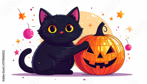 Adorable black cat with a spooky carved jack-o'-lantern. Cute and whimsical Halloween character illustration for the autumn holiday season