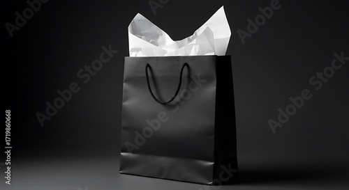 Mockup a black shopping bag with white tissue paper peeking out, against a dark background for commercial usage