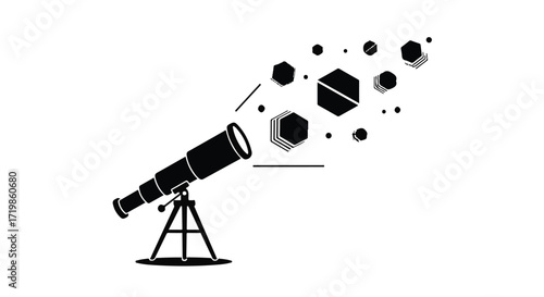 Telescope discovering abstract geometric shapes in the cosmos, symbolizing discovery and innovation.