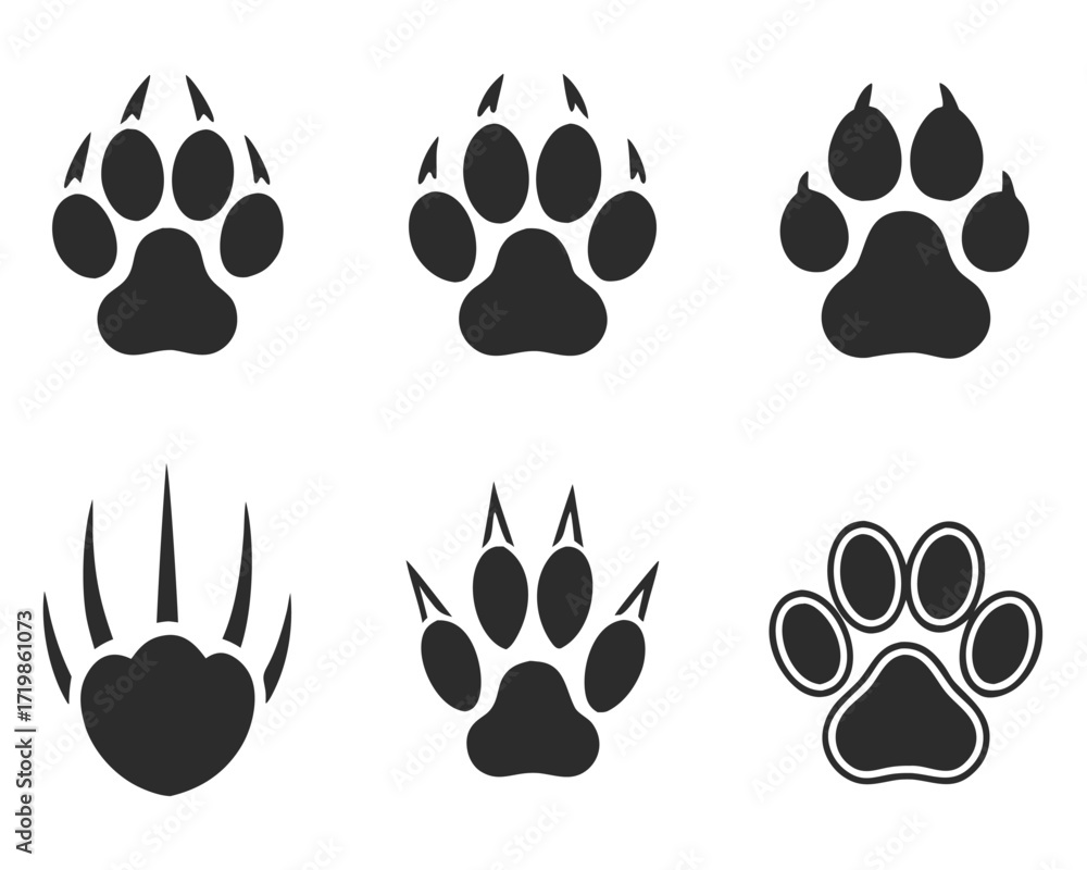 Fototapeta premium Vector Illustration of Different Animal Paw Prints: Bear, Wolf, Dog, Cat