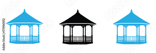 Charming gazebo silhouettes in black and blue offer a whimsical touch for event designs, garden layouts, and architectural plans, perfect for bringing outdoor concepts to life