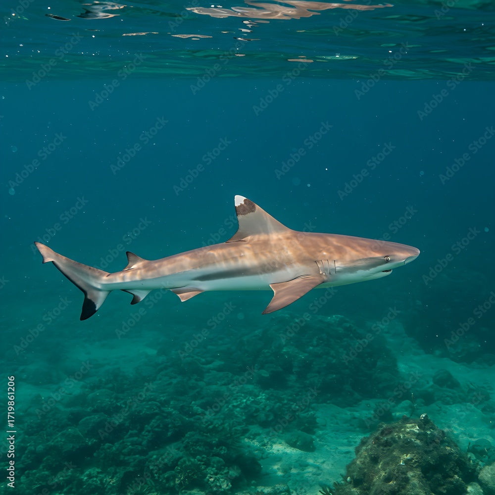 Fototapeta premium Whitetip reef shark swimming in the ocean water