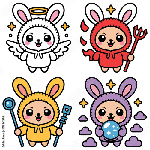 cute bunny mascot characters as angel devil wizard and fortune teller eps vector illustration
