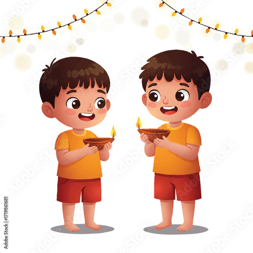 A joyous child holds a glowing Diwali diya in a vibrant 2D flat vector illustration, festive string lights twinkling softly in the background against a clean white backdrop.