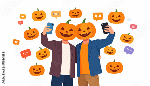 Embracing the festive spirit Two cheerful friends with pumpkin heads celebrating Halloween, capturing fun selfies and engaging with social media reactions and autumn emojis