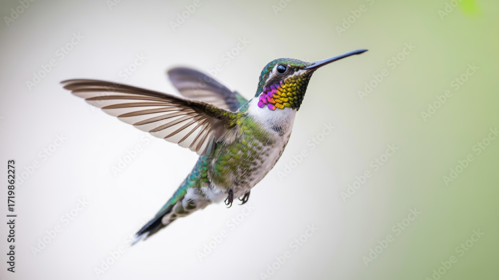 Naklejka premium A vibrant hummingbird in midflight, showcasing its iridescent feathers and delicate wings against a soft, blurred background