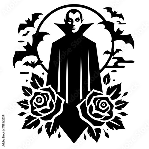 Vampire figure in cloak surrounded by roses, gothic horror style symbol of eternal night and beauty.