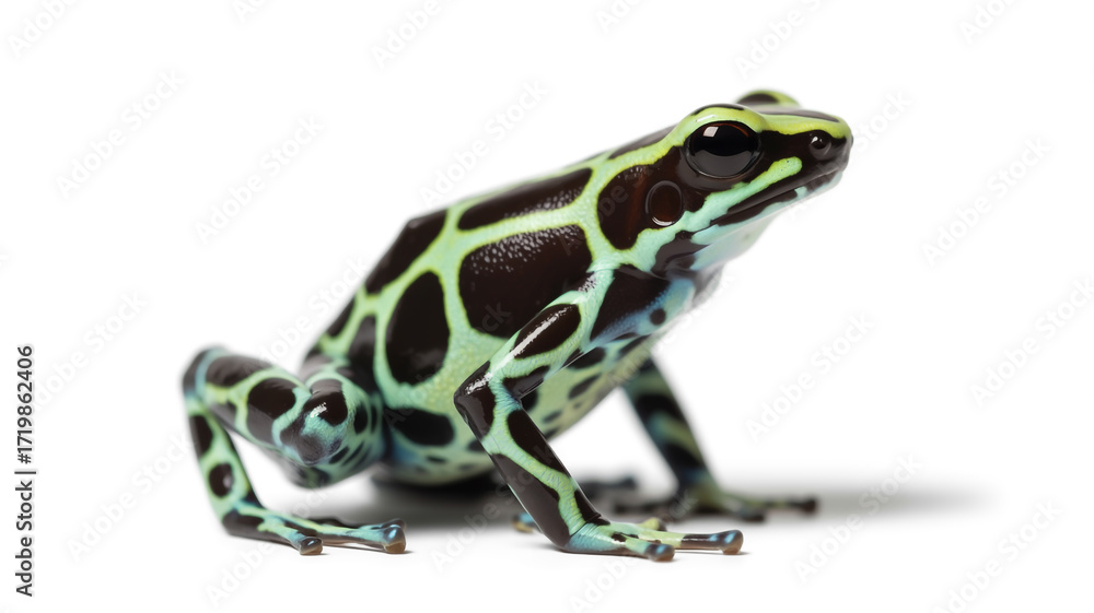Fototapeta premium A green and black poison dart frog isolated on white background, showcasing its vibrant colors and intricate pattern on its skin