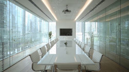 empty conference room with glass walls and projector