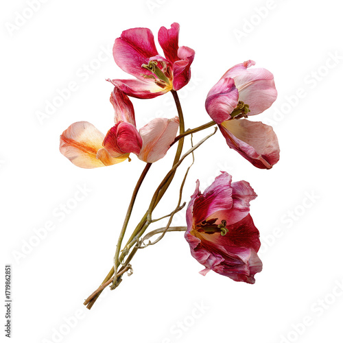 Beautiful bouquet of colorful tulips with soft petals on a white background