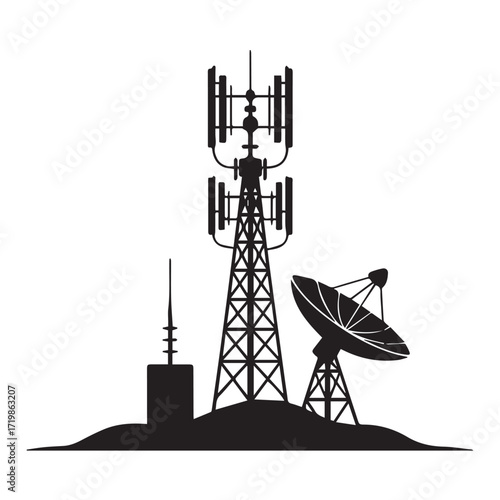 Silhouette of telecommunication towers and satellite dish on a hill isolated on white background technology background