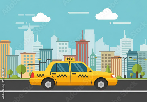 Yellow taxi cab driving on city street with skyscrapers background