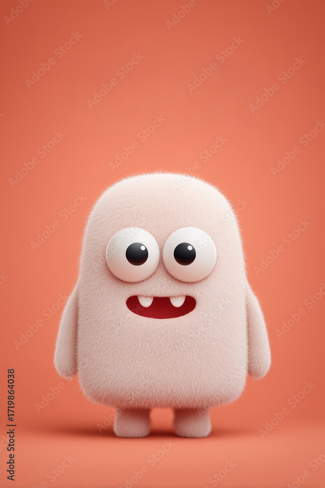 Fototapeta premium A cute and funny 3D illustration of a single, round monster. The creature is light beige, with a very soft, plush texture, and has a wide, happy smile showing two small fangs.