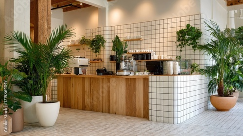 Modern cafe interior featuring a wooden espresso bar, white tiled walls, and tropical plants in ceramic pots